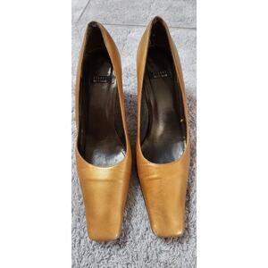 VTG Stuart Weitzman GOLD Square toe Leather Pump‎ Heels Shoe Y2K 7 AA Narrow